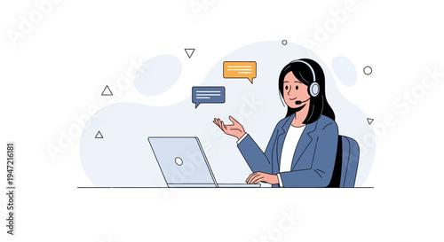 Customer service operator with headset and laptop, communication and support concept