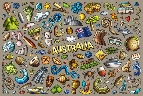 Cartoon vector doodle set of Australia traditional symbols, items and objects