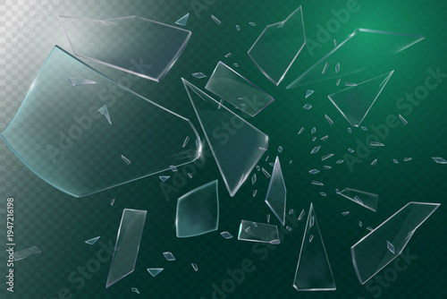 Broken glass pieces flying apart with sharp fragments on transparent background.