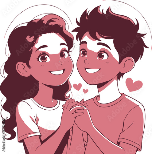 cute teenage couple sharing shy romantic moment, cartoon style vector illustration, isolated on white background