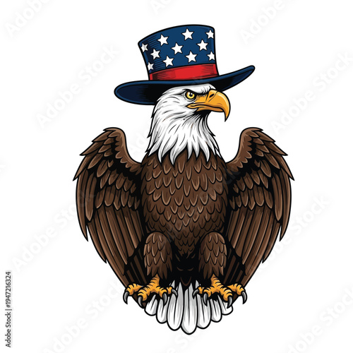 Perched american bald eagle with wings and stars and stripes top hat - vector illustration for patriotism with american flag with national symbol with fourth of july