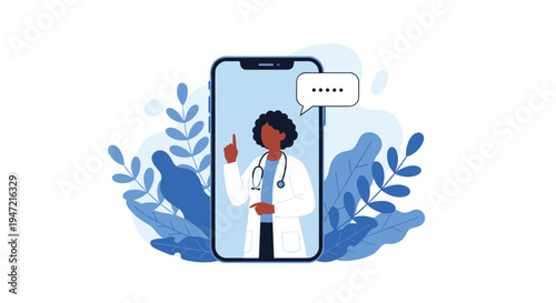 Online medical consultation featuring a female doctor on a smartphone screen, providing healthcare advice and virtual support.