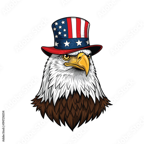 Stoic american bald eagle head in stars and stripes top hat - vector graphic for national identity themes with american flag with vector illustration with national symbol