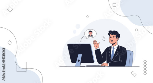 Man in Suit Video Calling on Computer, Waving Hello, Business Communication Concept