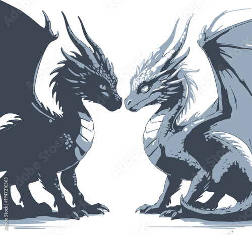  cute twin dragons meeting nose to nose, one shadow dragon with dotted scales, one glowing mist dragon with silky wings, delicate graphite drawing, soft shading