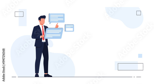 Businessman interacting with digital interface, presenting information, business concept