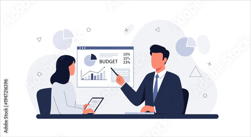 Business meeting: analyzing budget charts and financial data on screen