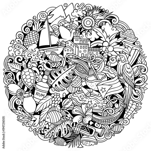 Puerto Rico cartoon round doodle vector illustration. Funny Puerto-Rican whimsical design. Caribbean tropical elements in a playful style