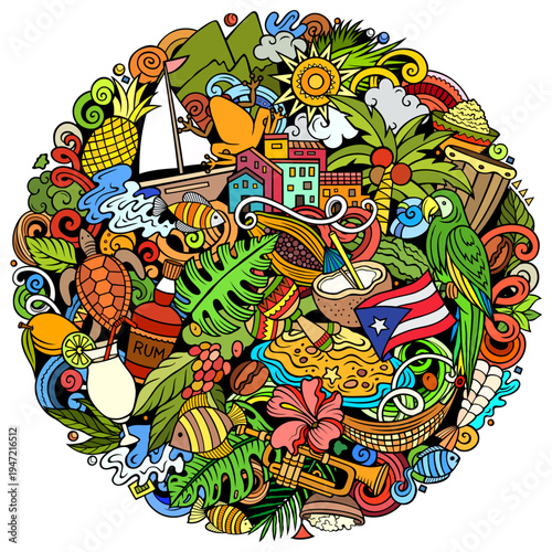 Puerto Rico cartoon round doodle vector illustration. Funny Puerto-Rican whimsical design. Caribbean tropical elements in a vibrant, playful style
