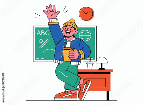 Excited Student Raising Hand in Classroom Vector Illustration