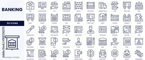 A collection of 50 banking icons in a modern line art style, featuring various financial symbols.