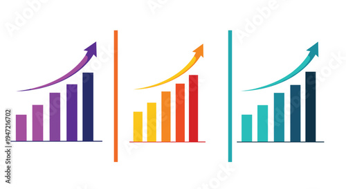 Three sets of ascending bar charts in different colors, each with an upward-pointing arrow showing financial growth and success.