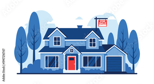 Beautiful blue suburban two-story house with a red front door and a For Sale sign on the lawn, surrounded by stylized trees.