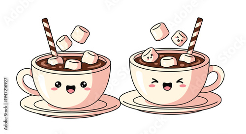 Pair of cute cups filled with hot chocolate and smiling marshmallow characters, creating a cozy and warm winter atmosphere.