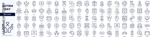 A collection of 90 line icons representing Autism Day themes, awareness symbols, and supportive gestures.