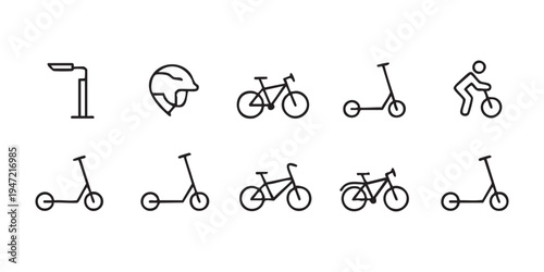Modern urban transportation icons including electric scooters and bicycles and safety helmet graphics