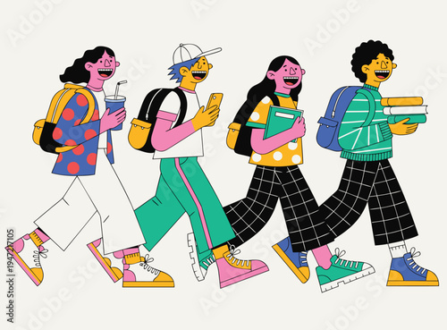 Colorful Illustration of Happy Students Walking Together