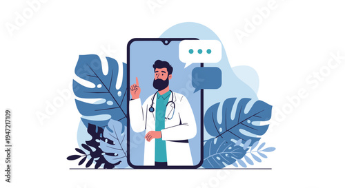 Online healthcare consultation with a bearded male doctor on a smartphone screen, surrounded by decorative blue tropical leaves.