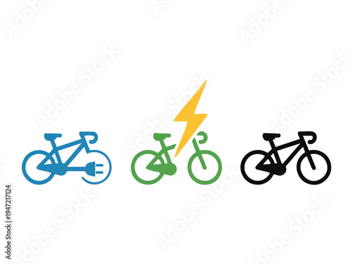 Electric bicycle icon, hybrid bike with lightning bolt, standard bicycle, e-bike concept