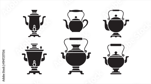 Samovar silhouette icon set traditional tea kettle and teapot symbols isolated on white background