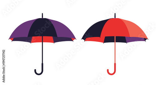 Pair of stylish umbrellas in purple, black, and red colors, showcasing protective gear for rainy weather and outdoor comfort.
