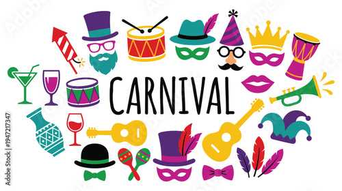 Carnival decorative elements with musical instruments and festive hats