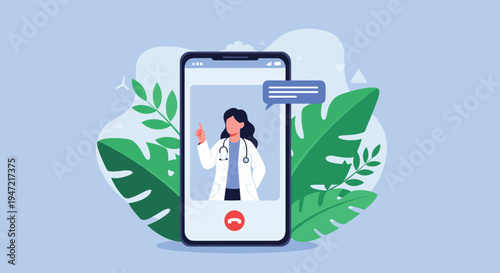Virtual medical appointment featuring a female doctor on a smartphone screen during an active video call with plant background.