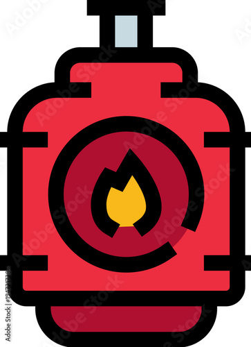 Red gas cylinder icon with flame symbol indicating compressed lpgpropane fuel for heating, cooking and industrial use, flammable warning pictogram on white background, vector illustration
