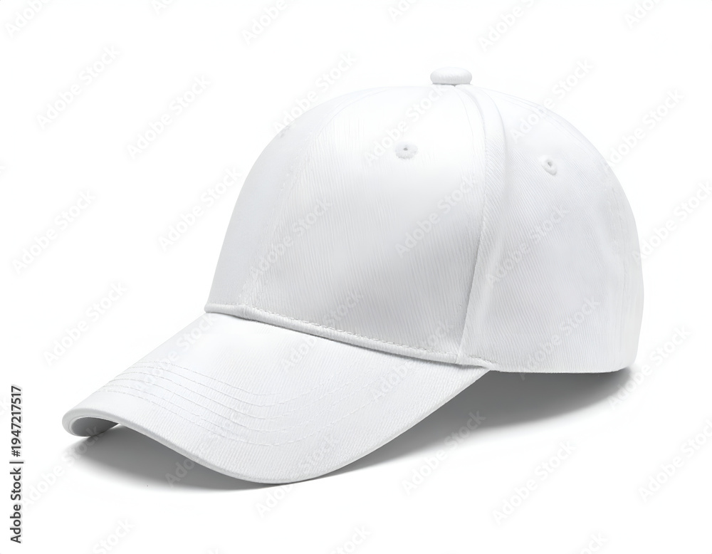 Fototapeta premium A plain, white, six-panel baseball cap on a white background