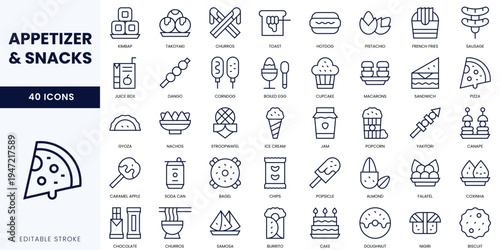 A diverse collection of snack and appetizer icons, showcasing various delectable treats in a minimalist style.