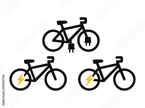 Electric bicycle icons featuring power plug and yellow lightning bolt symbols for green transport