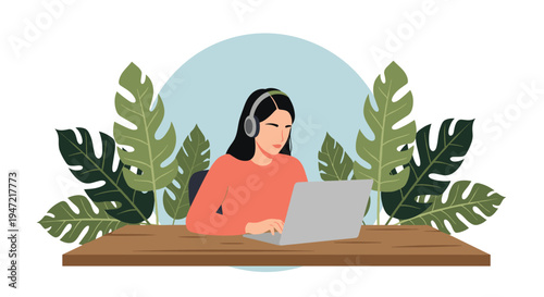 Young woman with headphones working on a laptop at a wooden desk, surrounded by lush green monstera and palm leaves.
