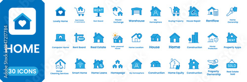 Modern home flat icon set with house, property, real estate and smart home symbols colorful flat design vector icons for web, apps and UI