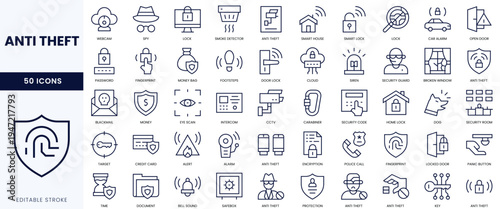 A comprehensive set of 50 anti-theft icons showcasing security features and tools in a minimalist design.