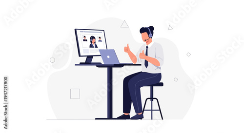 Man with headset doing video call, thumbs up, working from home, online meeting