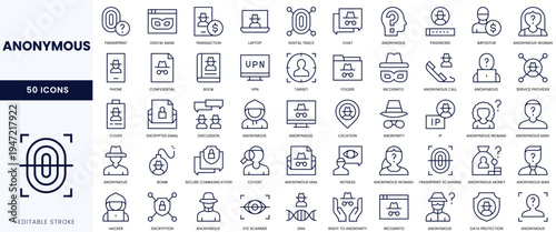 A collection of 50 anonymous-themed icons, featuring digital privacy and security concepts.