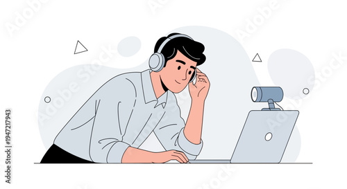 Man wearing headphones and looking at laptop with webcam, online communication concept