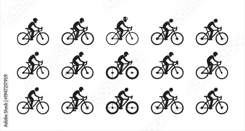 Set of fifteen cyclist and bicycle silhouette vector icons, modern bicycle riders symbols
