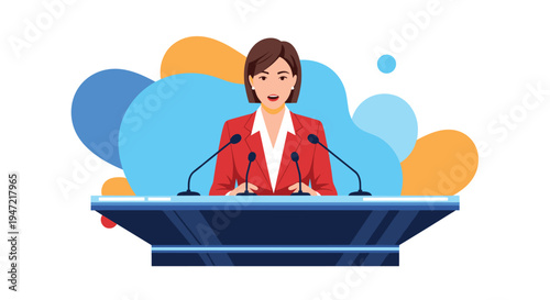Female spokesperson or politician speaking at a press conference behind a podium with multiple microphones and colorful background.