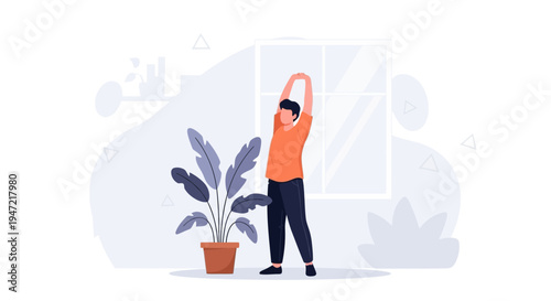 Man stretching at home by the window with a plant, healthy lifestyle illustration