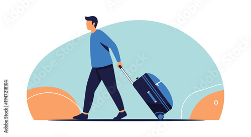 Young man in casual clothes walking and pulling a blue rolling suitcase, ready for a trip, vacation, or business travel.