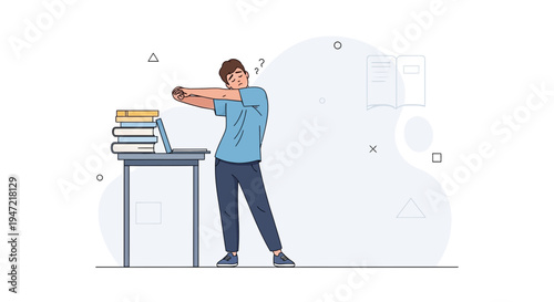 Tired student stretching at desk with books and laptop, feeling exhausted from studying