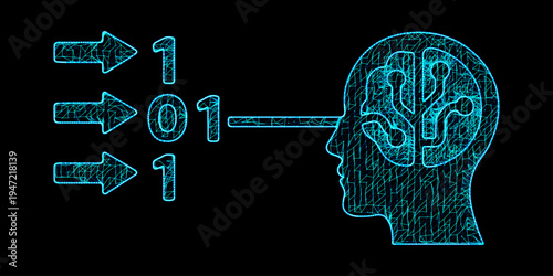Artificial intelligence machine learning process with binary data input and human circuit brain background