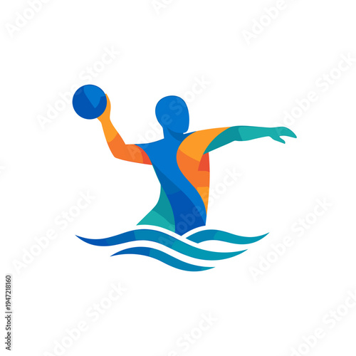 Dynamic water polo player illustration in a vibrant abstract style, capturing intense athletic spirit and fluid movement in competitive sports