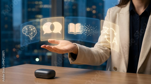 Linguist Using Glowing Holographic Interface for Neural Translation and Cognitive Tech