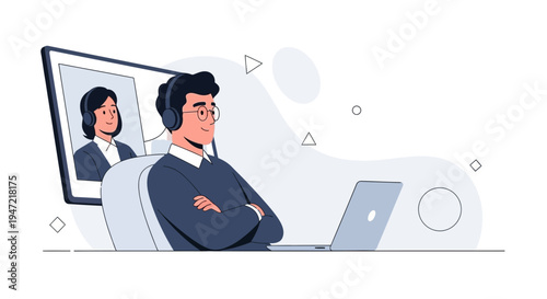Man in Headphones on Video Call with Colleague, Remote Work, Online Meeting