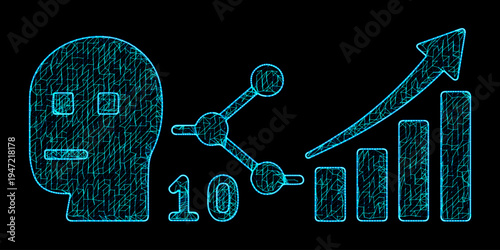 Artificial intelligence data analytics with robotic head silhouette and rising business growth chart background