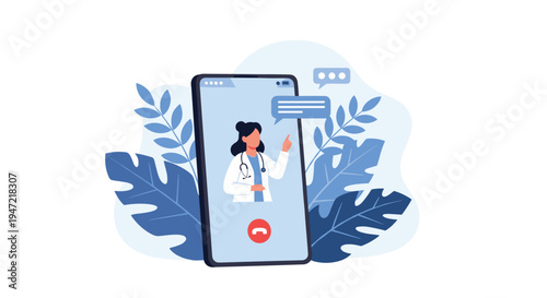 Mobile health service featuring a female doctor on a smartphone screen, providing remote consultation with plant decorations.