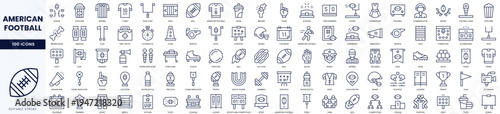 Collection of line icons representing American football, showcasing various elements like trophies, helmets, and field gear.