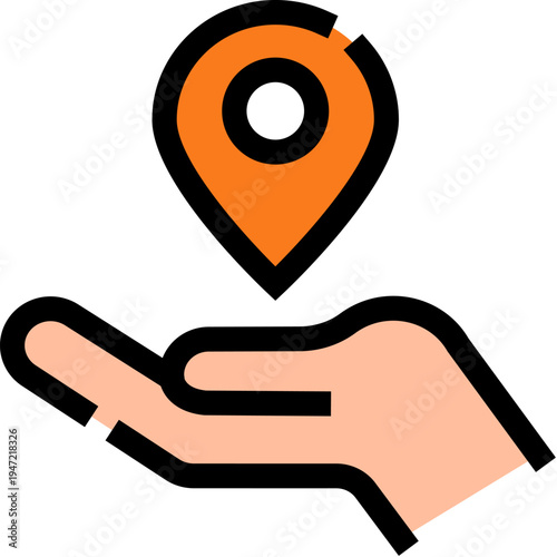 Hand holding an orange map pin icon, symbolizing a suggested destination, address, and pinpointing a specific location for navigation and guidance services